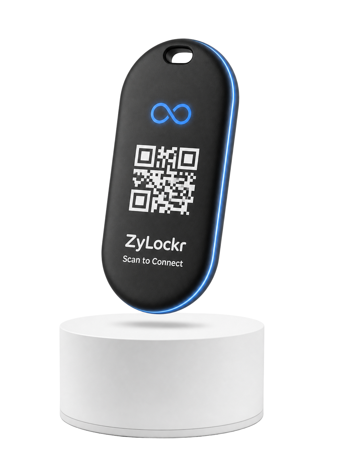 ZyLockr Smart Tag — matte black premium hardware with blue illuminated edge